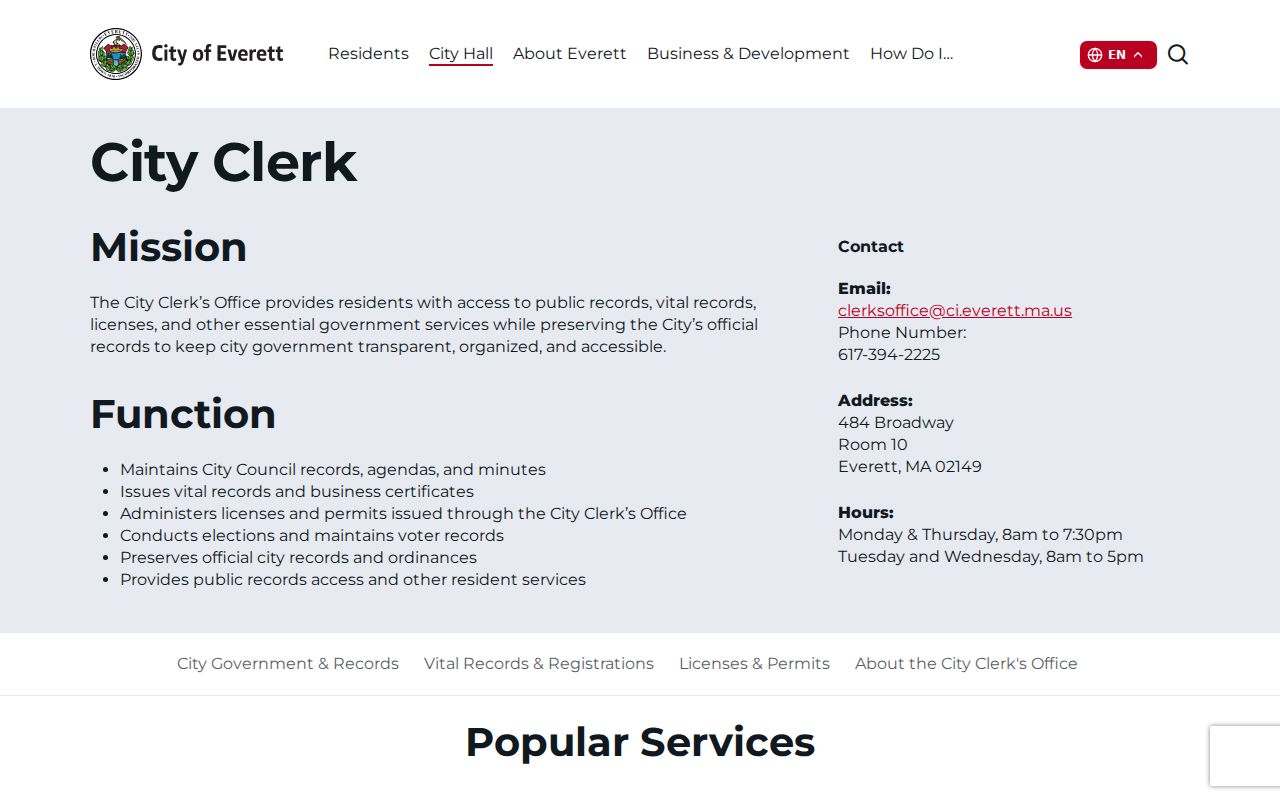 Everett residents directory City Clerk municipal records page