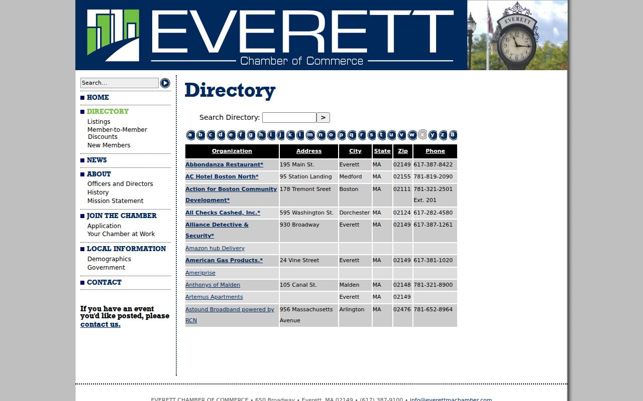 Everett ZIP code directory showing Chamber organization address and ZIP columns